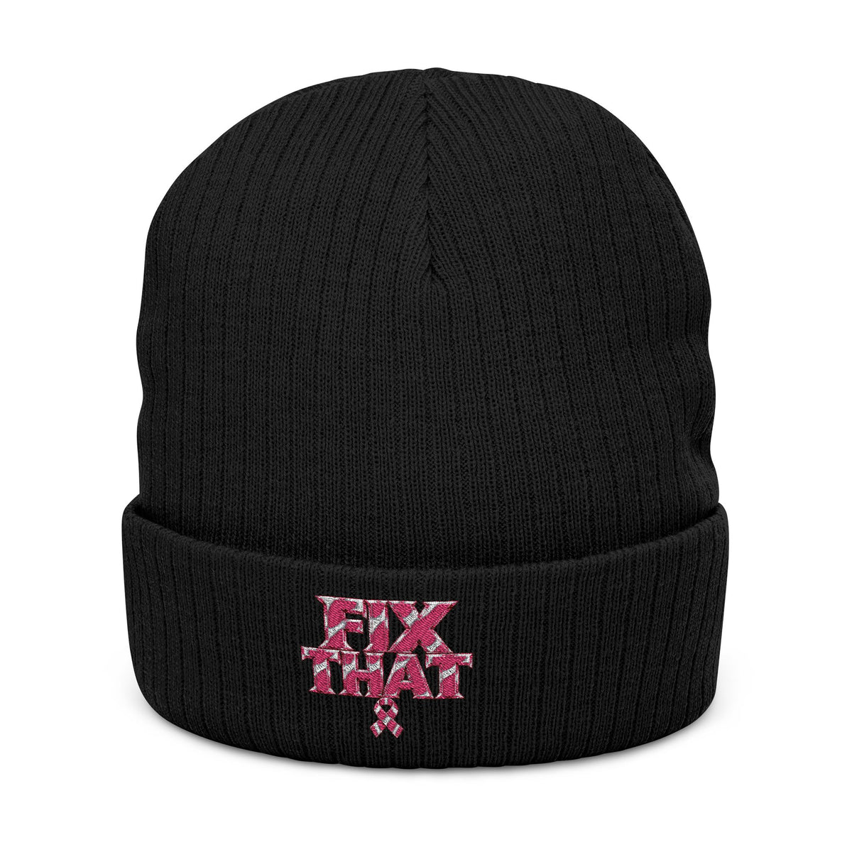 D3hundred FIX THAT Pink Ribbon Embroidered Beanie — Black